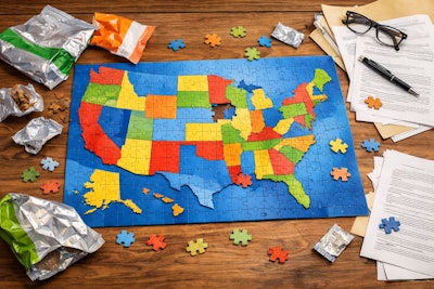 A Jigsaw Puzzle Of The United States Empty Pet Food Packages And Legal Documents Are Scattered Around The Puzzle