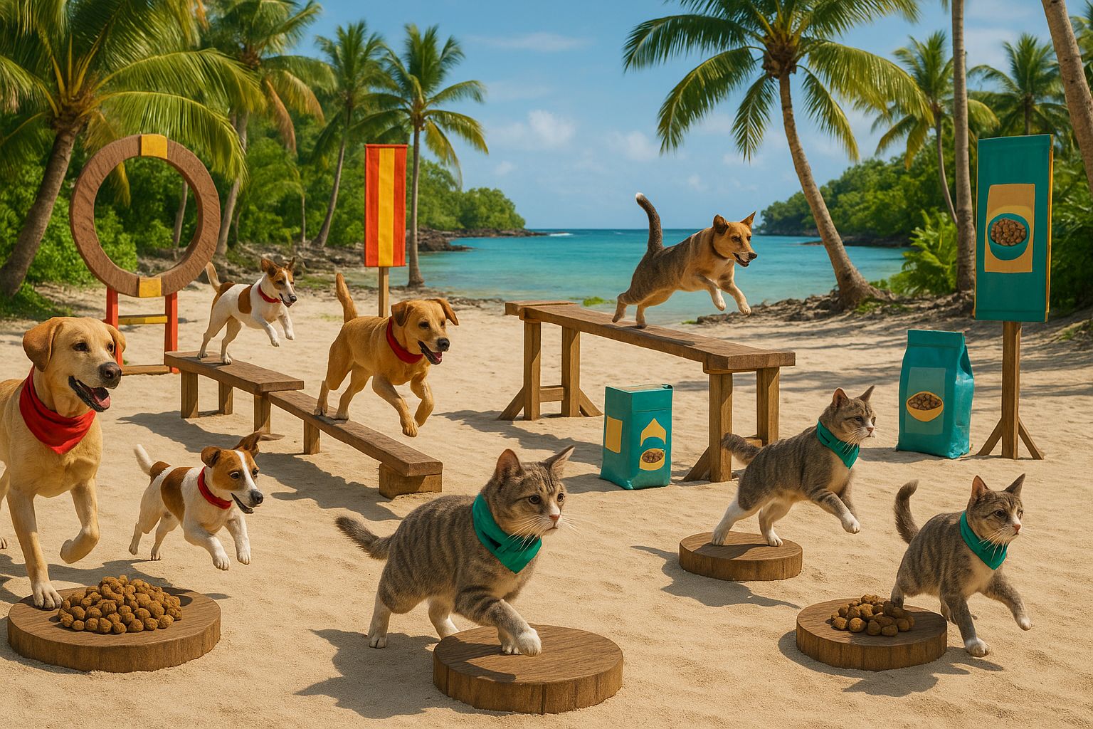 A Reality Challenge Game Show On A Tropical Island Featuring Dogs Playing Against Cats