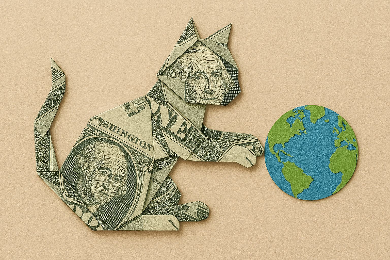 An Origami Dollar Bill In The Shape Of A Cat Playing With The Earth In Its Paws Like A Ball Of String