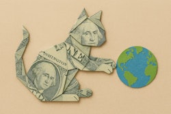An Origami Dollar Bill In The Shape Of A Cat Playing With The Earth In Its Paws Like A Ball Of String