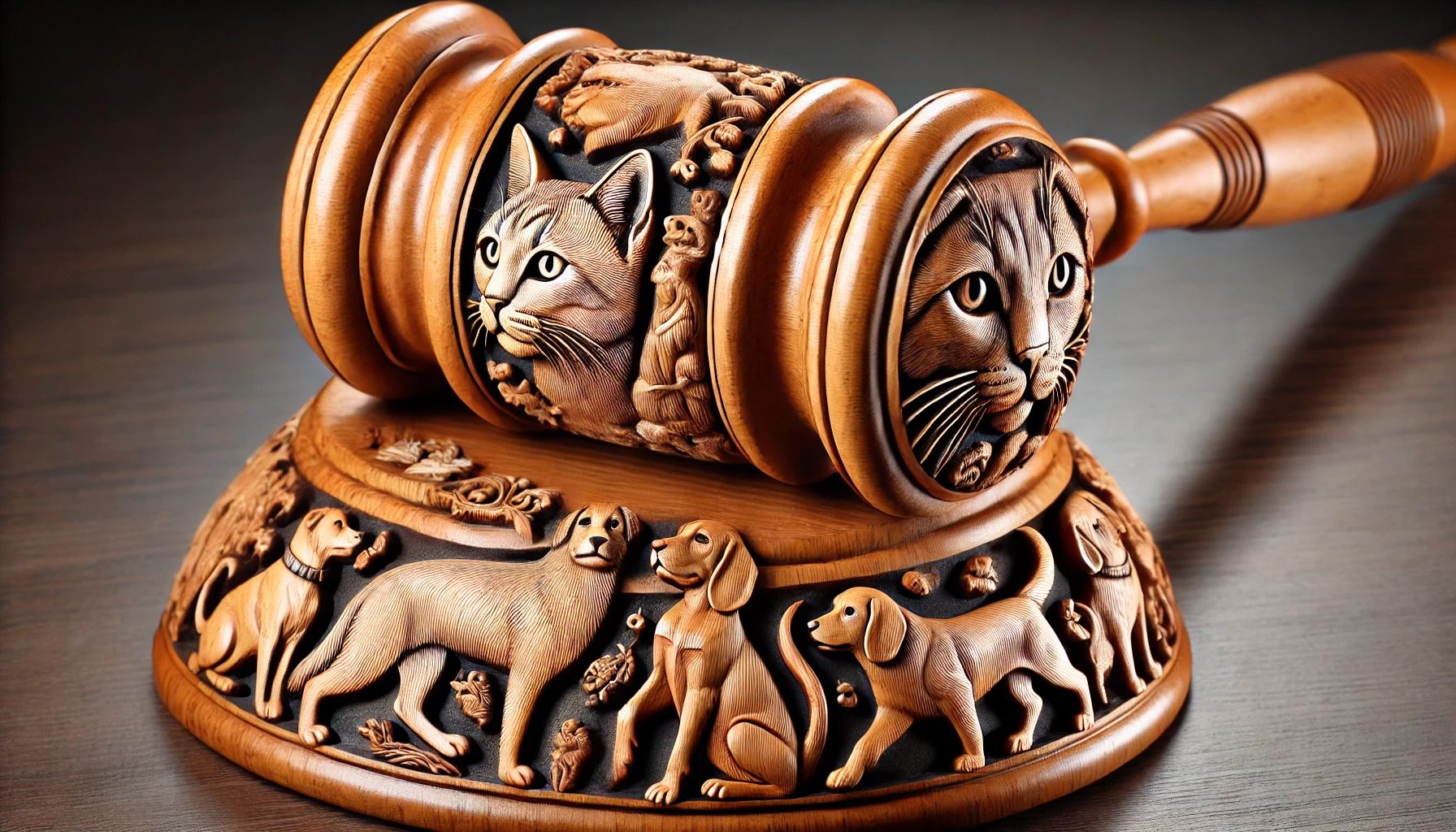 Dall&centerdot;e 2024 07 08 12 40 50 A Wooden Judge's Gavel Intricately Carved With Images Of Cats And Dogs The Handle And Head Of The Gavel Feature Detailed Engravings Of Various Breeds