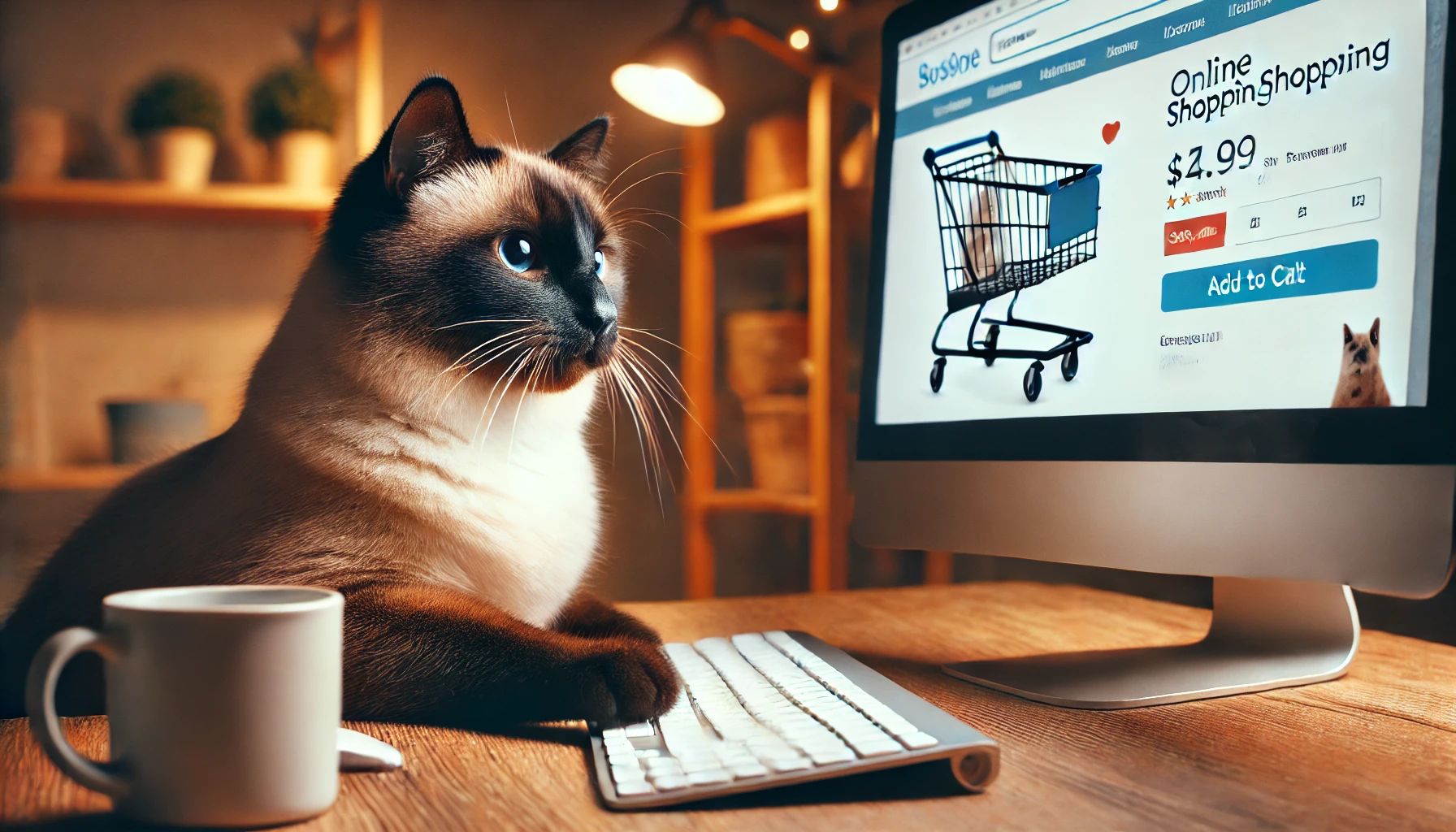 Dall&centerdot;e 2025 03 14 06 12 30 A Siamese Cat Sitting At A Desk Using A Computer, Browsing An Online Shopping Website The Cat Has A Focused Expression, Its Paw Resting On The Keyboa