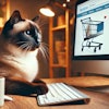 Dall·e 2025 03 14 06 12 30 A Siamese Cat Sitting At A Desk Using A Computer, Browsing An Online Shopping Website The Cat Has A Focused Expression, Its Paw Resting On The Keyboa