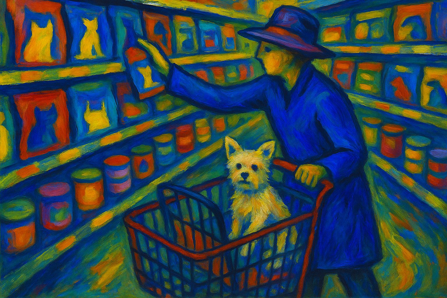 Die Blau Riter Painting Of A Shopper On A Pet Food Aisle There Is A Small Dog In The Shopper's Cart