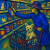 Die Blau Riter Painting Of A Shopper On A Pet Food Aisle There Is A Small Dog In The Shopper's Cart