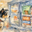 Dog Looking Curiously At Pet Food In The Frozen Food Section Of A Grocery Store