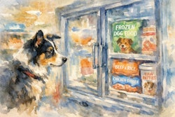 Dog Looking Curiously At Pet Food In The Frozen Food Section Of A Grocery Store