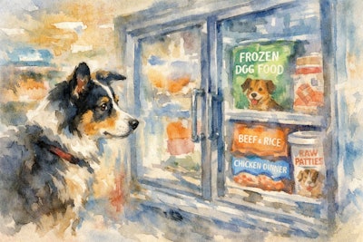Dog Looking Curiously At Pet Food In The Frozen Food Section Of A Grocery Store