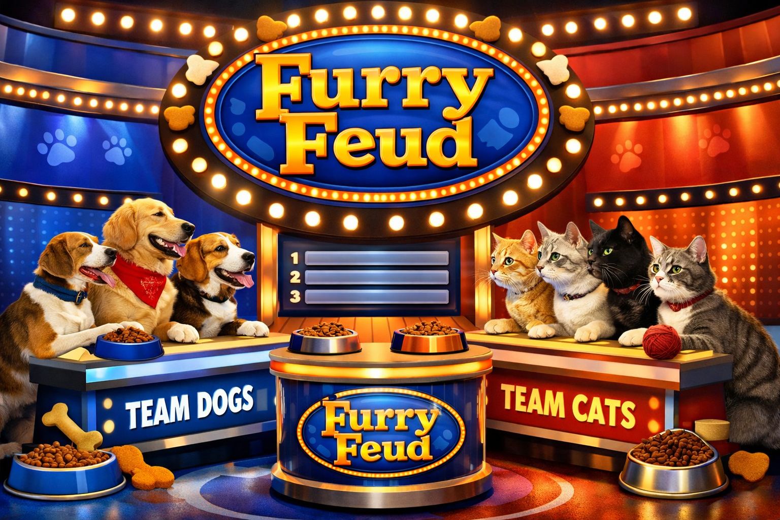 Dogs Playing Against Cats In A Game Show Furry Feud