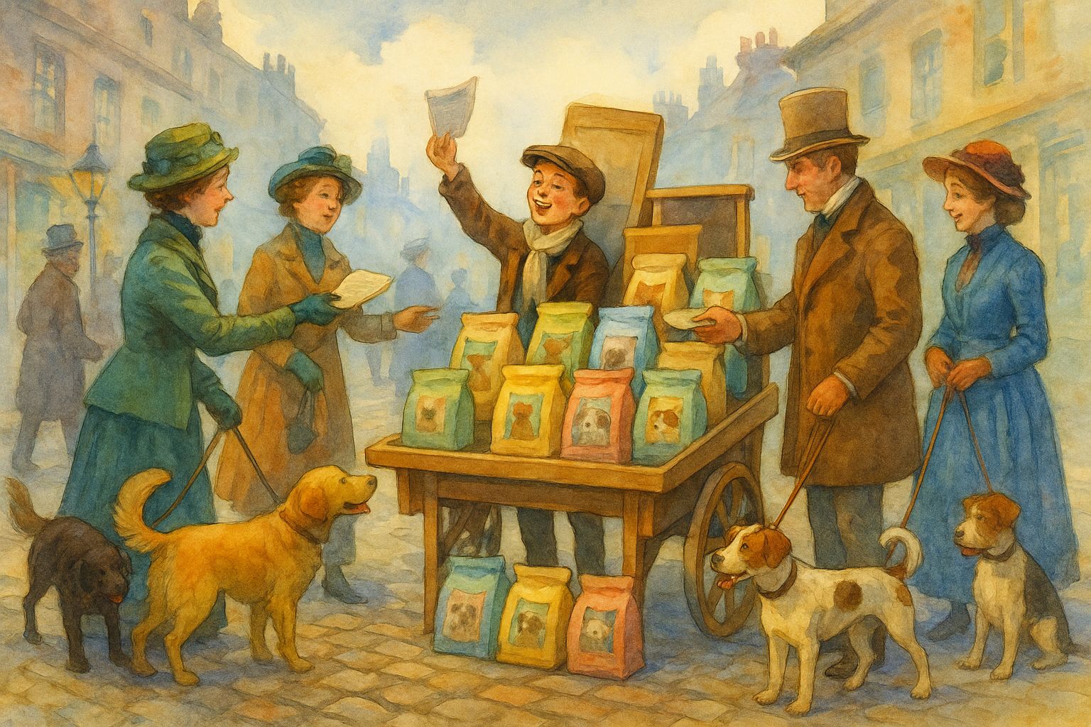 Nostalgic Watercolor Of A Newsy Selling Bags Of Dog Food On A Victorian London Street The Newsy Is Selling Pet Food Subscriptions