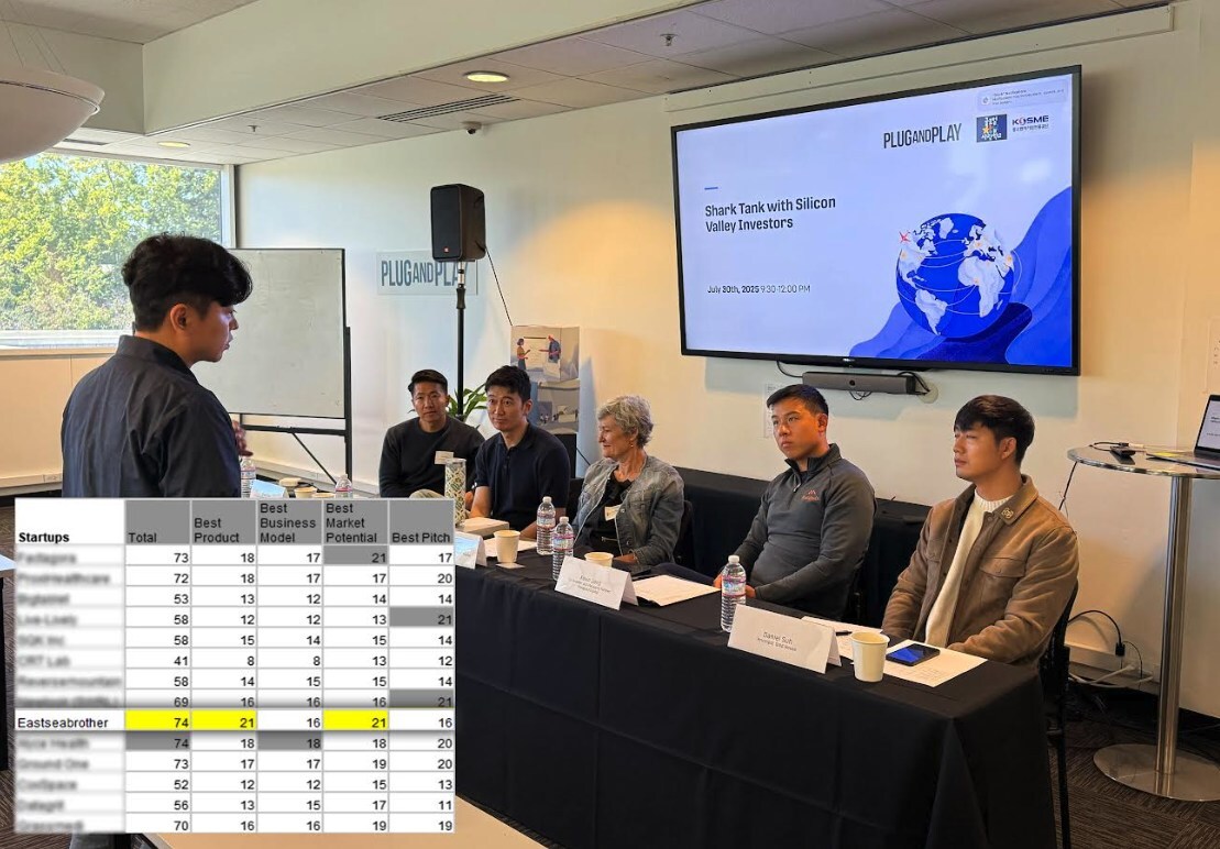 Eastseabrother CEO Eunyul Kim pitches to Silicon Valley investors at the Plug and Play 'Shark Tank with Silicon Valley Investors' event on July 30, 2025, in Sunnyvale, California, U.S.