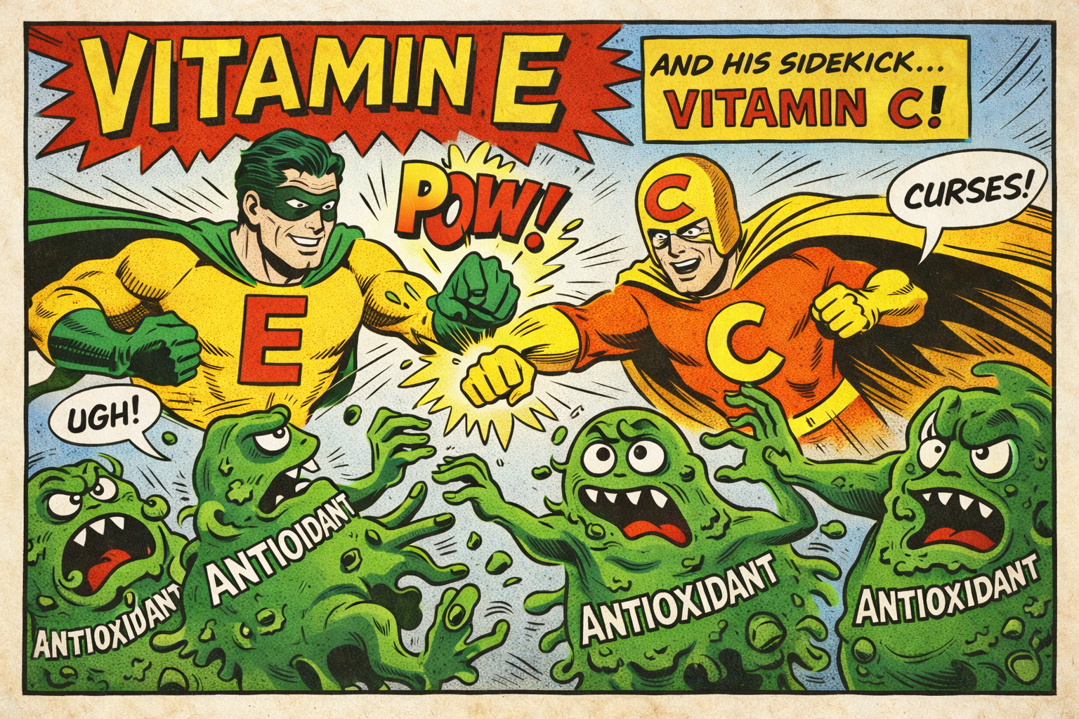 1950s Comic Book Panel Of A Superhero Names Vitamin E Battling Antioxidants Vitamin E Has A Sidekick, Vitamin C