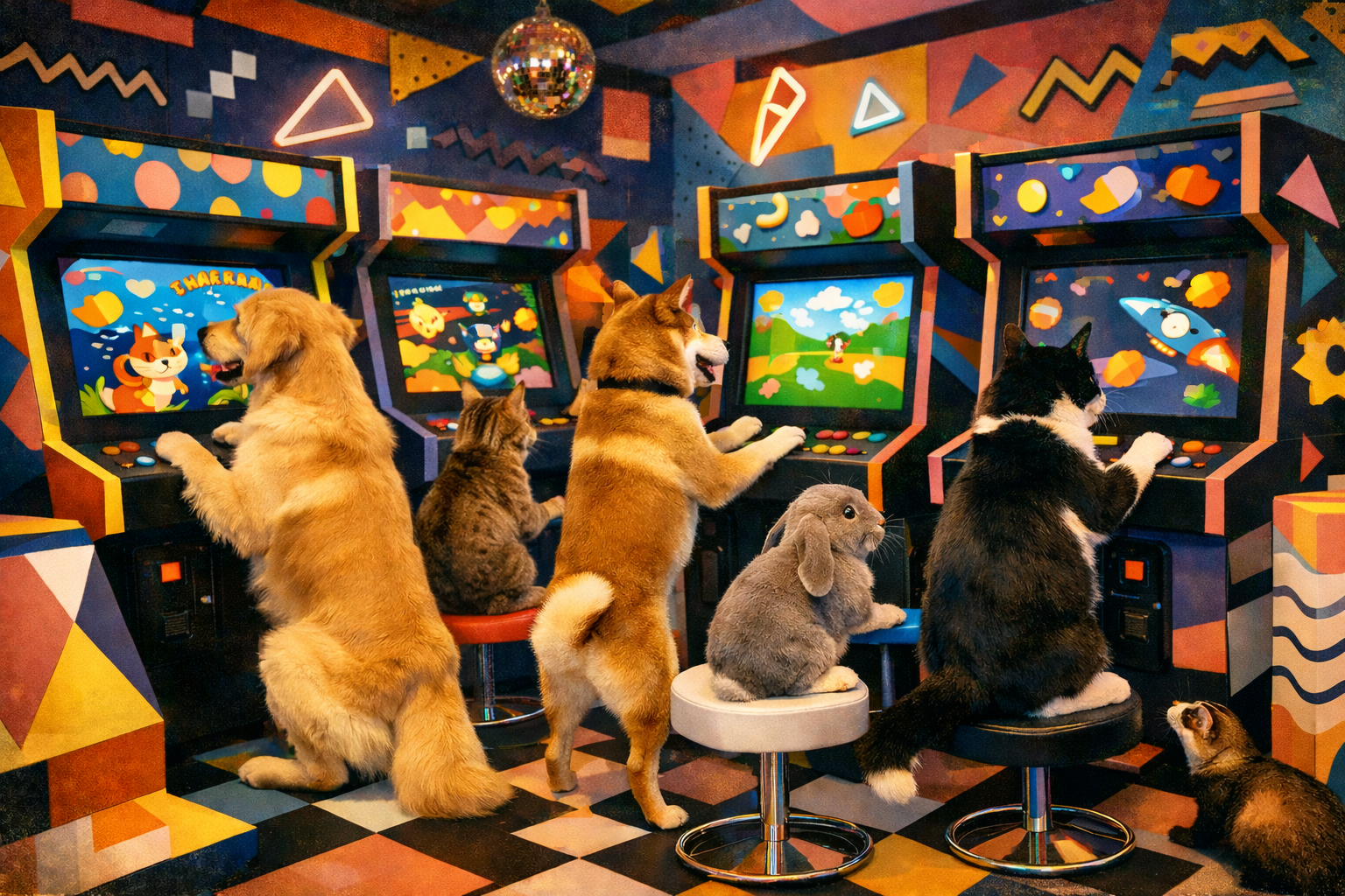 1980s Video Game Arcade Filled With Realistic Pets Playing Pet Themed Video Games