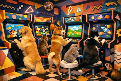 1980s Video Game Arcade Filled With Realistic Pets Playing Pet Themed Video Games