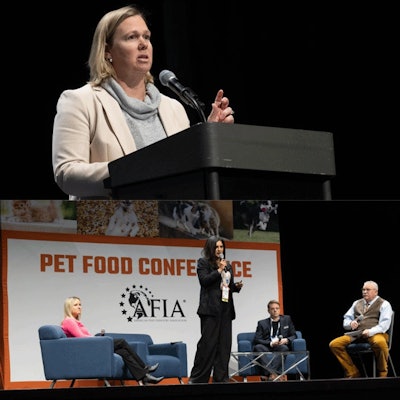 (Top) FDA&rsquo;s Jenny Murphy provided a timely update on key regulatory issues impacting the pet food sector. (Bottom) A panel explored how artificial intelligence is shaping everything from recipe design to kibble production.