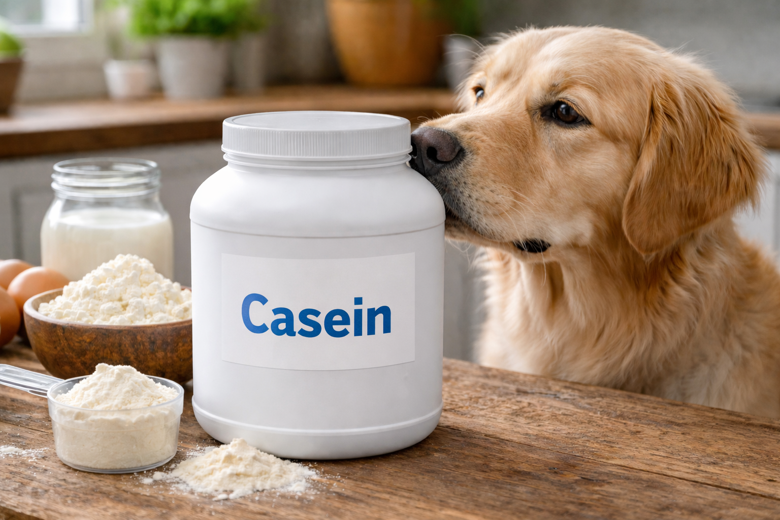 A Dog Sniffing A Container Of Casein Human Food Supplement