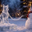 An Ice Sculpture Of A Dog The Dog Has A Chain Collar And Chain Leash A Snowman Holds The Dog's Leash