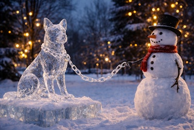 An Ice Sculpture Of A Dog The Dog Has A Chain Collar And Chain Leash A Snowman Holds The Dog's Leash