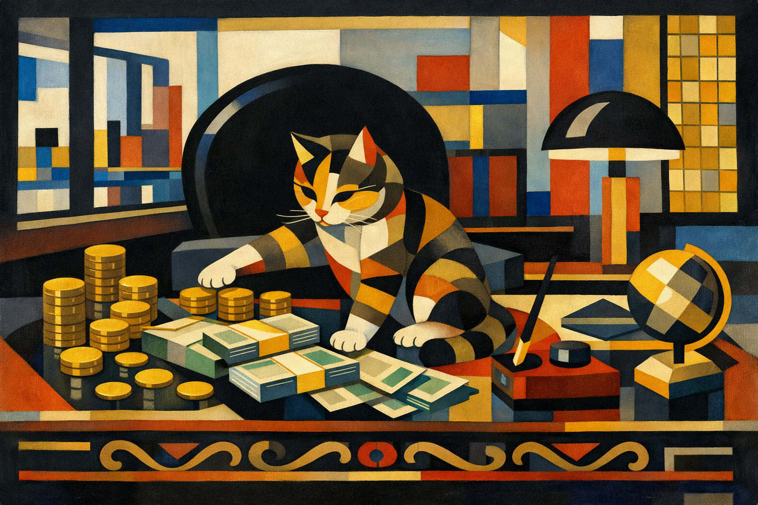 Bauhaus Painting Of A Cat Playing With Piles Of Coins And Money On An Ornate Desk In A Ce Os Office