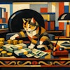 Bauhaus Painting Of A Cat Playing With Piles Of Coins And Money On An Ornate Desk In A Ce Os Office