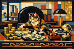 Bauhaus Painting Of A Cat Playing With Piles Of Coins And Money On An Ornate Desk In A Ce Os Office