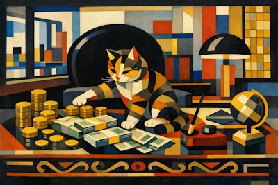 Bauhaus Painting Of A Cat Playing With Piles Of Coins And Money On An Ornate Desk In A Ce Os Office