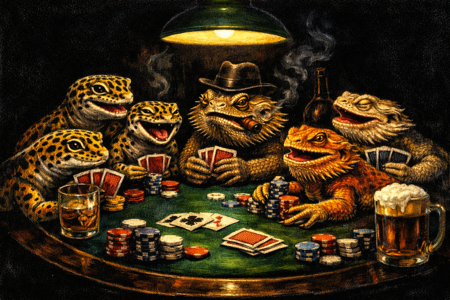 (black Velvet Oil Painting) Of (leopard Geckos) And (bearded Dragons) Playing A Raucous Poker Game