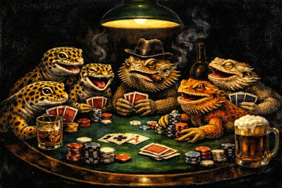 (black Velvet Oil Painting) Of (leopard Geckos) And (bearded Dragons) Playing A Raucous Poker Game