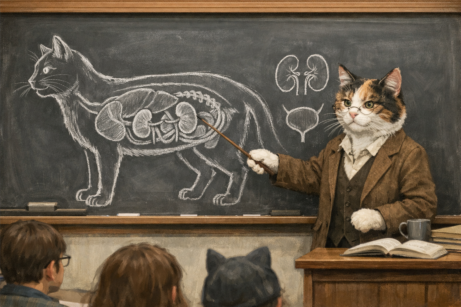 Calico Cat Teaching A College Lecture About Cat Kidneys There Is A Chalk Diagram Of A Cat's Internal Organs Drawn On A Blackboard