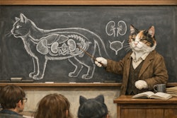 Calico Cat Teaching A College Lecture About Cat Kidneys There Is A Chalk Diagram Of A Cat's Internal Organs Drawn On A Blackboard