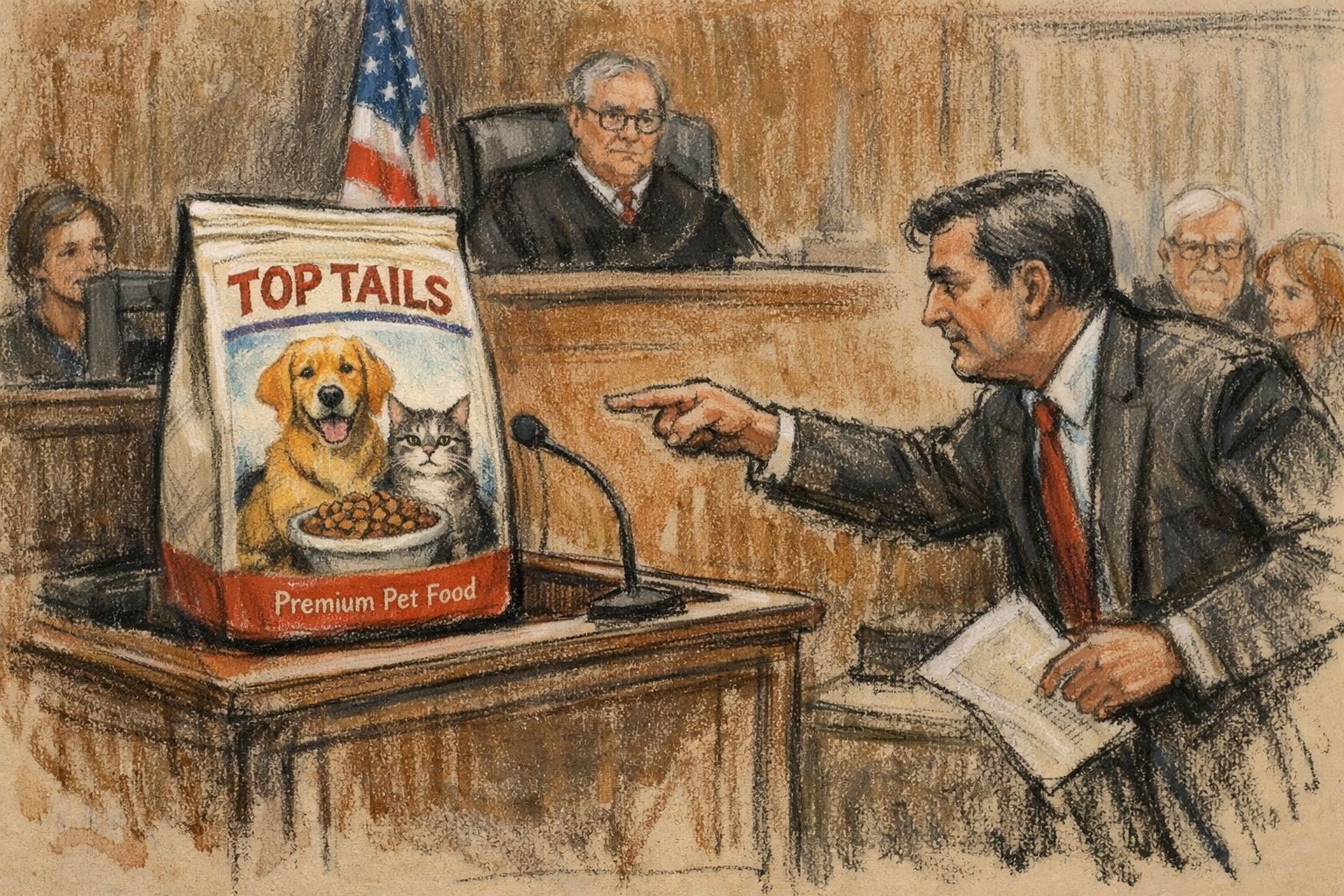 Courtroom Sketch Of A Pet Food Bag In The Witness Stand Of A Us Courtroom A Lawyer Is Pointing At The Bag