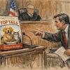 Courtroom Sketch Of A Pet Food Bag In The Witness Stand Of A Us Courtroom A Lawyer Is Pointing At The Bag
