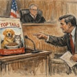 Courtroom Sketch Of A Pet Food Bag In The Witness Stand Of A Us Courtroom A Lawyer Is Pointing At The Bag