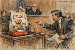Courtroom Sketch Of A Pet Food Bag In The Witness Stand Of A Us Courtroom A Lawyer Is Pointing At The Bag