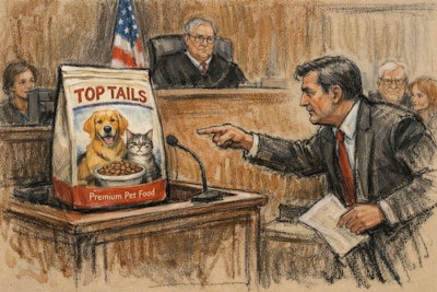 Courtroom Sketch Of A Pet Food Bag In The Witness Stand Of A Us Courtroom A Lawyer Is Pointing At The Bag