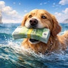 Fanciful Painting Of A Dog Swimming Across The Atlantic Ocean The Dog Has A Stack Of Euros In Her Mouth