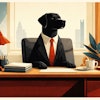 Mid Century Modern Aesthetic Drawing Of A Realistic Dog Wearing A Tie And Sitting Behind A Businessman's Desk