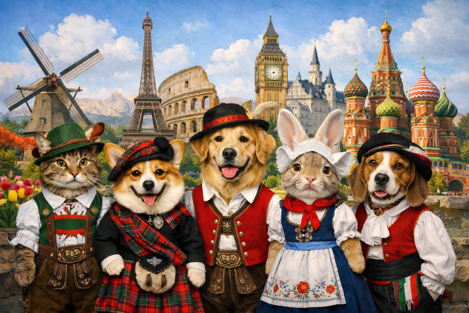 Pets In The Traditional Ethnic Clothing Of Various European Countries They Are Standing Infront Of A Collage Of Famous European Landmarks