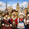 Pets In The Traditional Ethnic Clothing Of Various European Countries They Are Standing Infront Of A Collage Of Famous European Landmarks