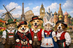 Pets In The Traditional Ethnic Clothing Of Various European Countries They Are Standing Infront Of A Collage Of Famous European Landmarks