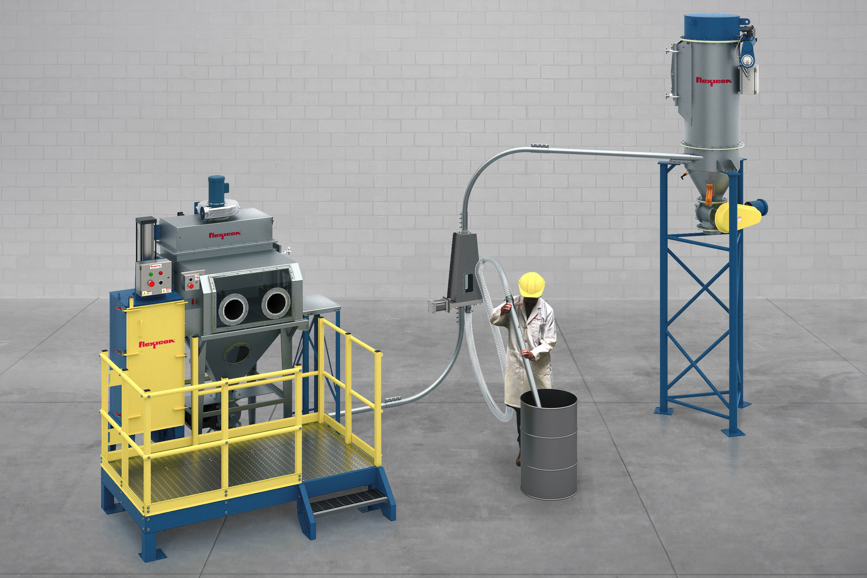 Flexicon PNEUMATI-CON&circledR; dilute phase vacuum conveying system designed for unloading containers and bags.
