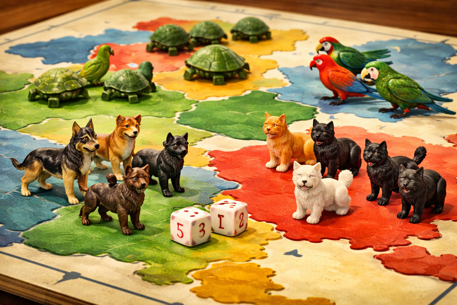 A Game Board With Tiny Plastic Dogs, Cats, Turtles And Parrots As The Game Pieces
