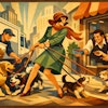 A Woman With Several Dogs On Leashes Stands On A City Street