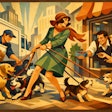 A Woman With Several Dogs On Leashes Stands On A City Street