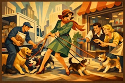 A Woman With Several Dogs On Leashes Stands On A City Street