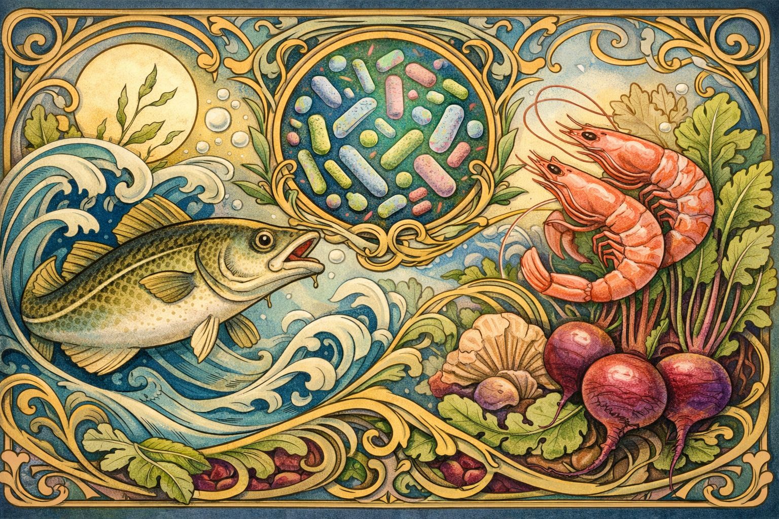 Art Nouveau Image Of Cod Fish, Probiotic Bacteria, Shrimp And Beets