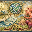 Art Nouveau Image Of Cod Fish, Probiotic Bacteria, Shrimp And Beets
