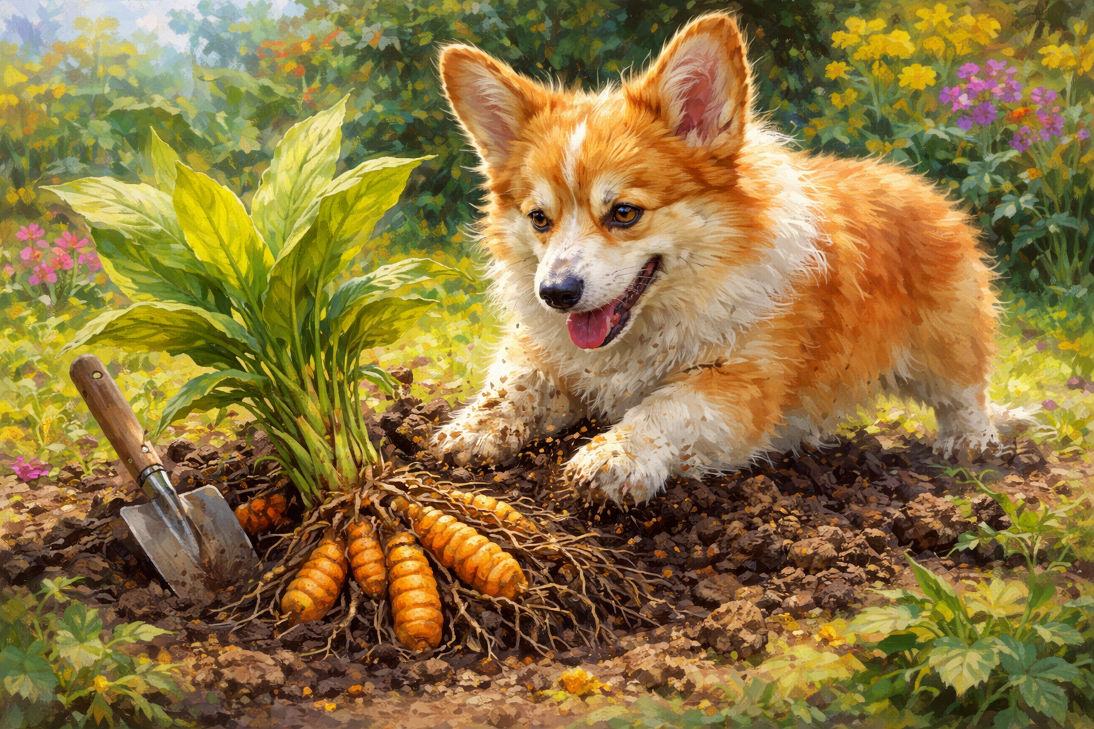 Corgi Digging Up A Turmeric Plant