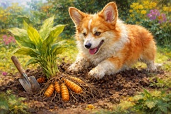 Corgi Digging Up A Turmeric Plant