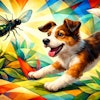 Cubist Painting Of A Dog Chasing A Black Soldier Fly